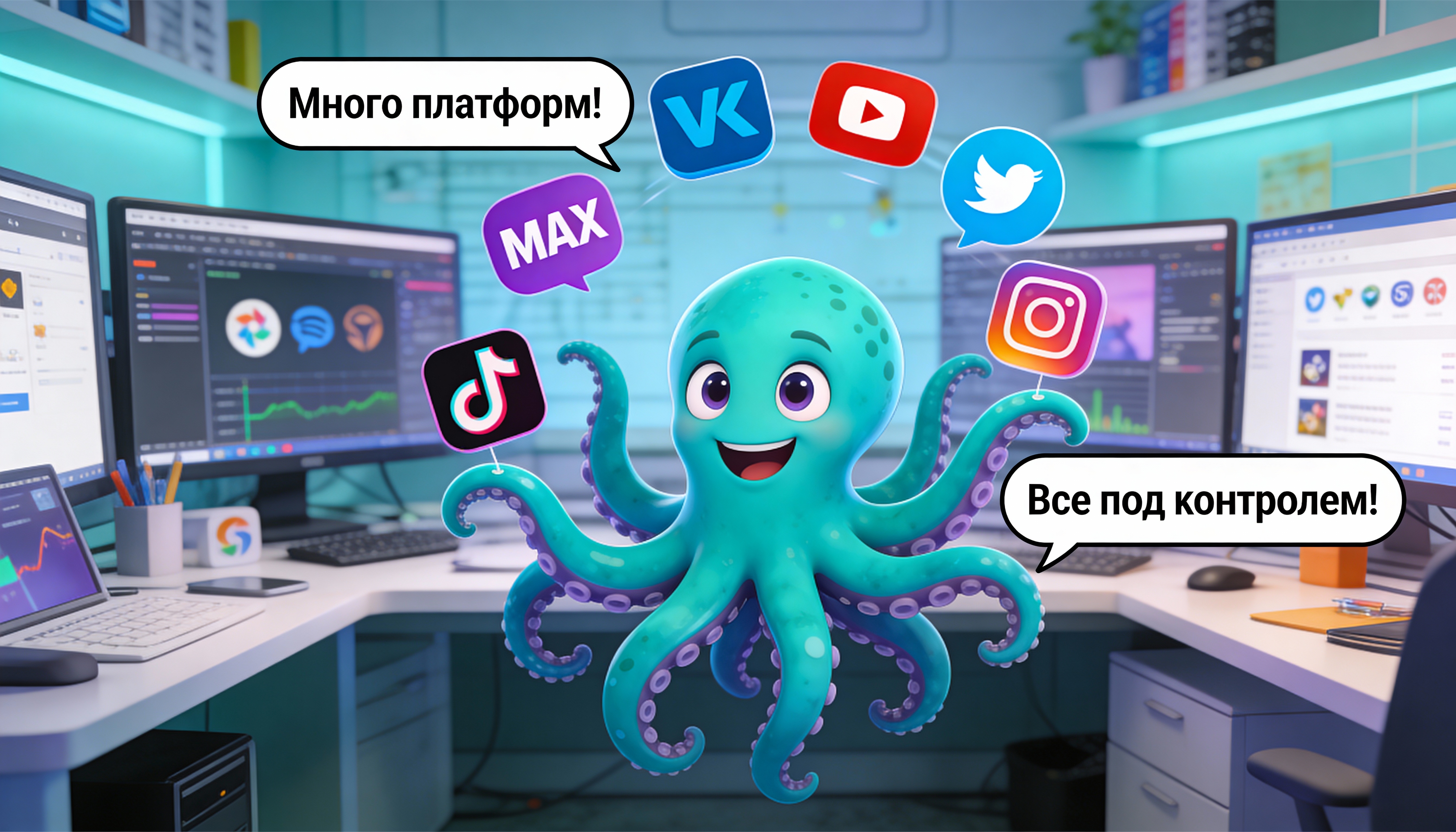 Иллюстрация: Октавио жонглирует множеством мессенджеров и соцсетей