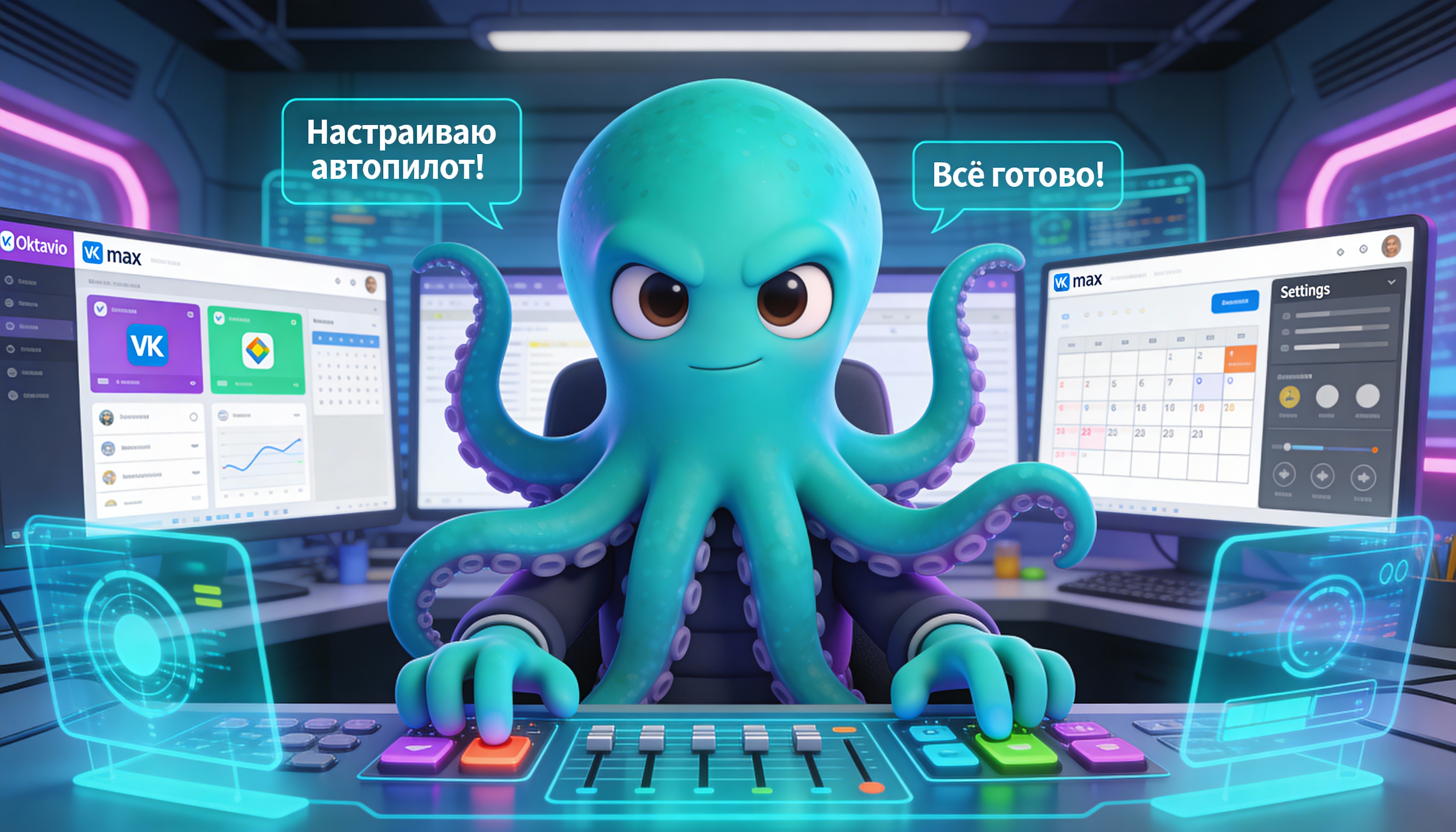 Иллюстрация: Октавио настраивает автопубликацию на футуристической панели управления