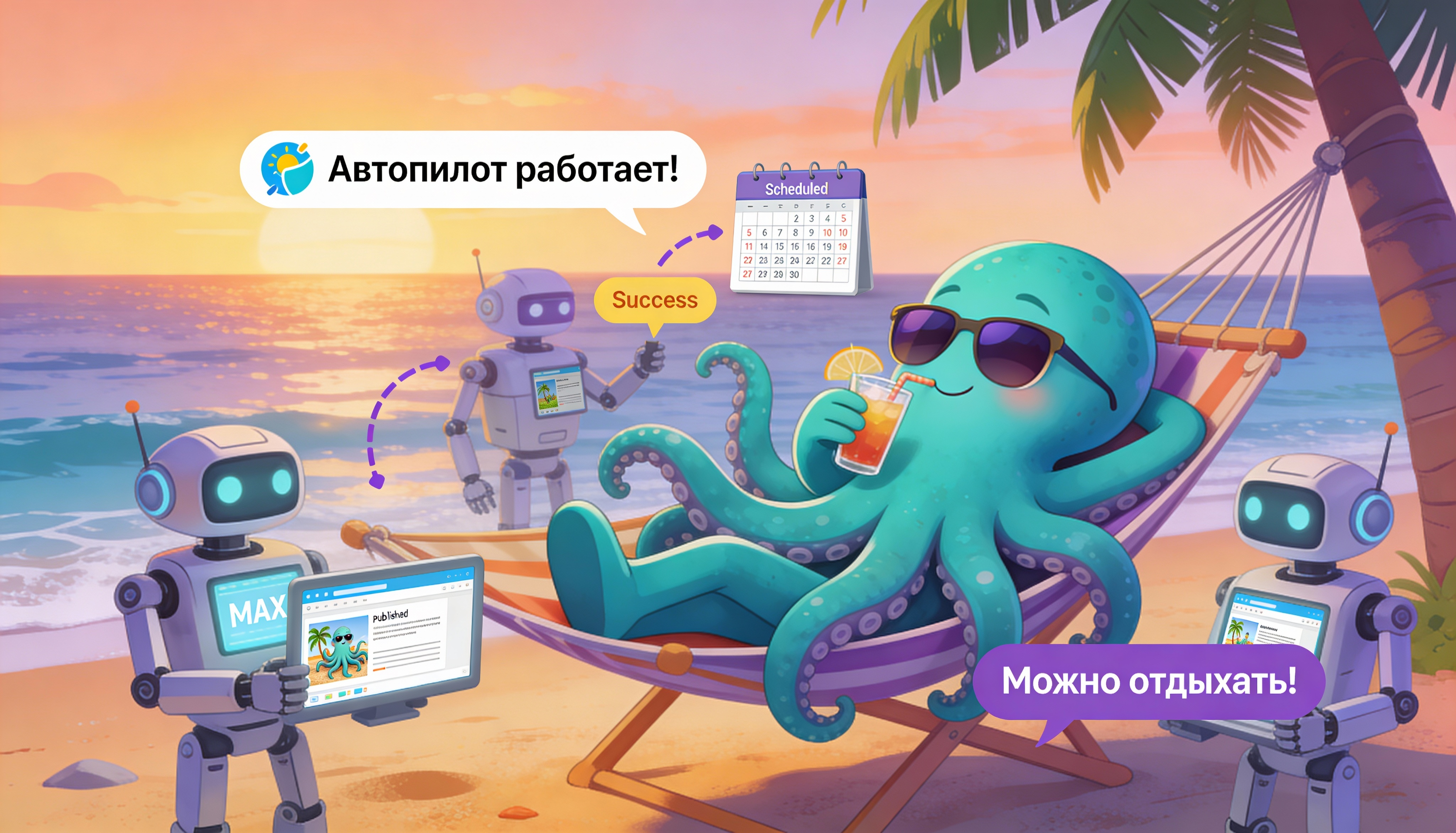 Иллюстрация: Октавио отдыхает на пляже, пока роботы публикуют контент автоматически