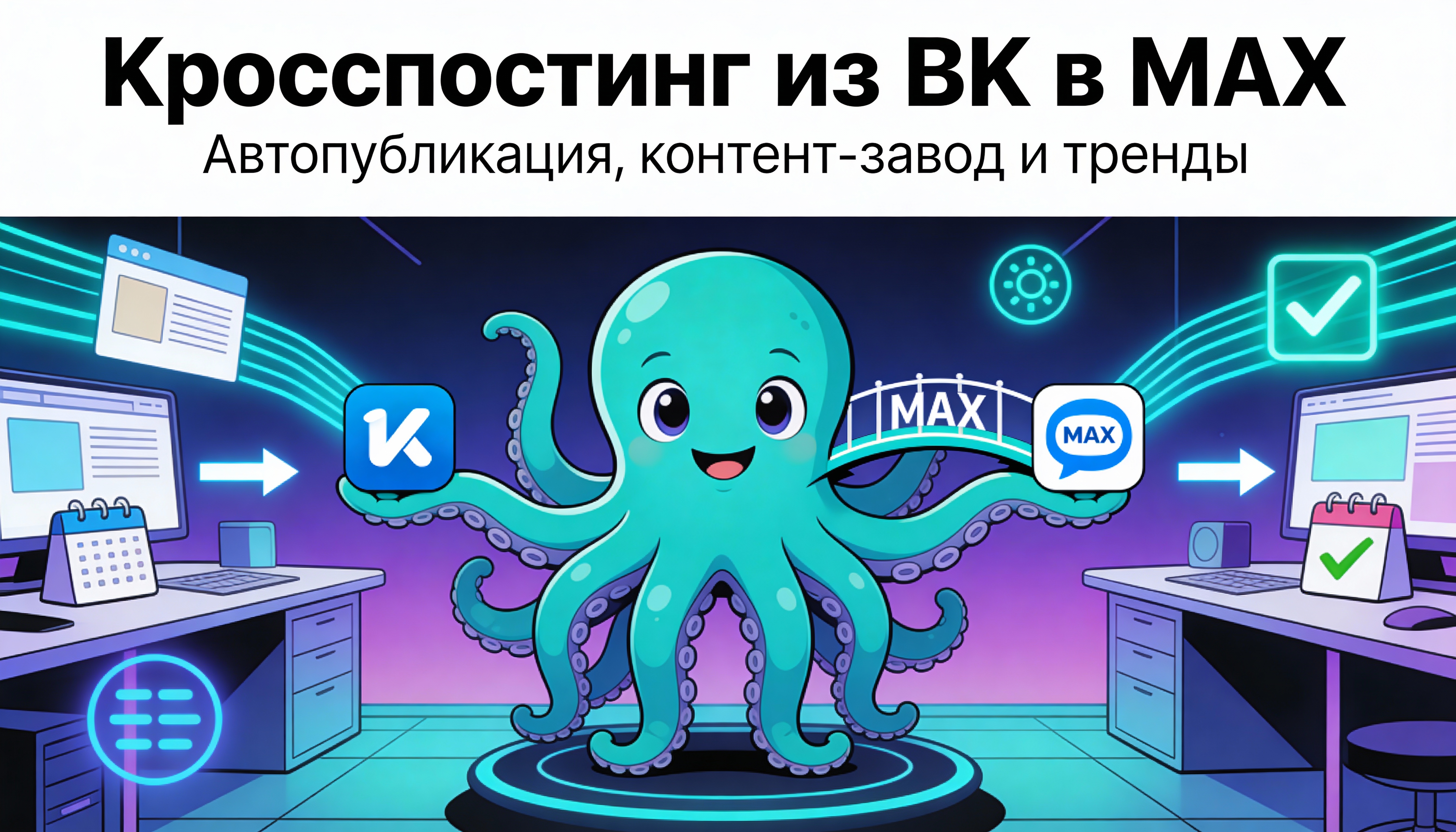 Комикс: Кросспостинг из ВК в MAX — Октавио настраивает автопубликацию
