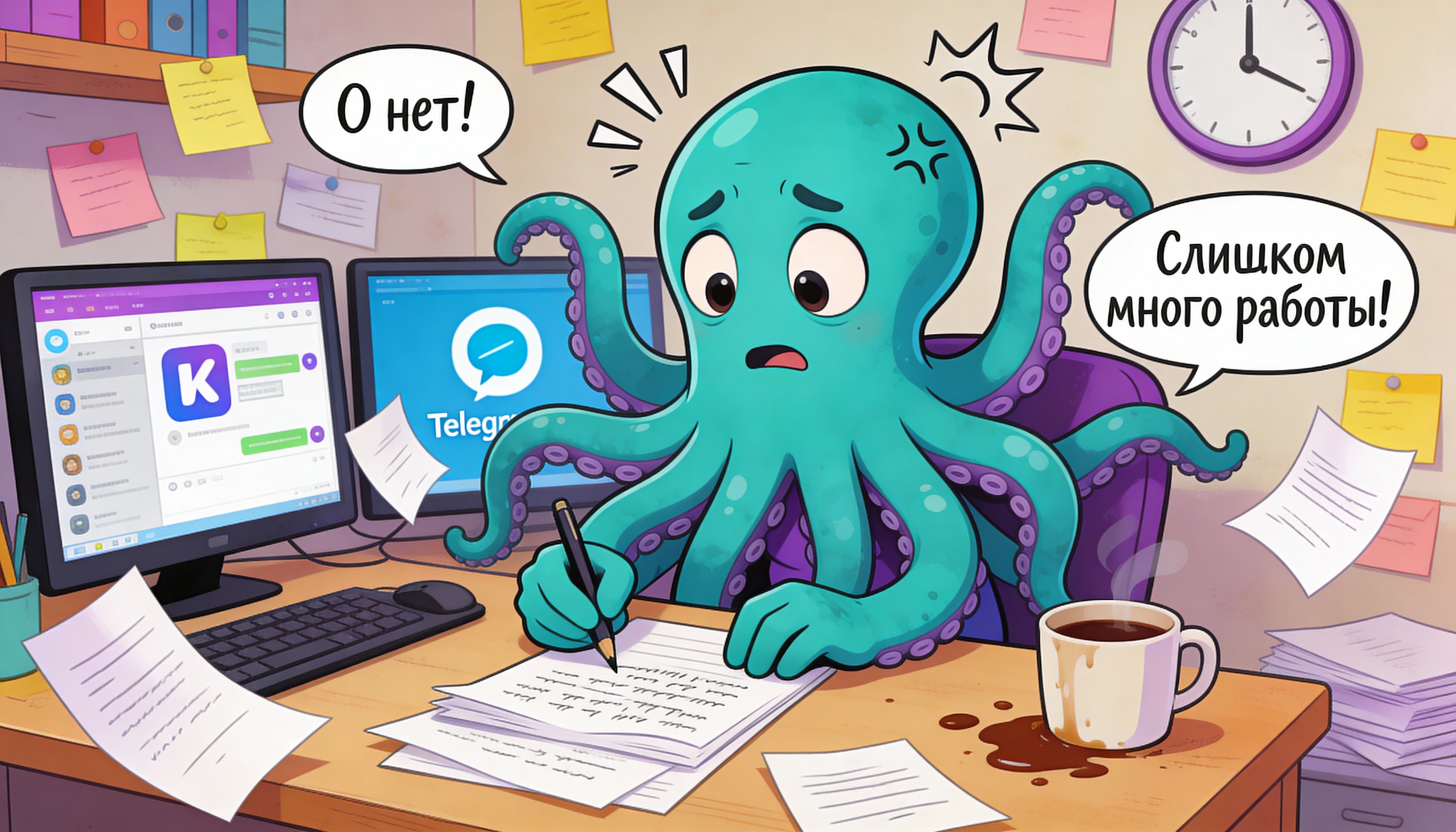 Иллюстрация: Октавио в хаосе — копипастит посты между ВК и Telegram