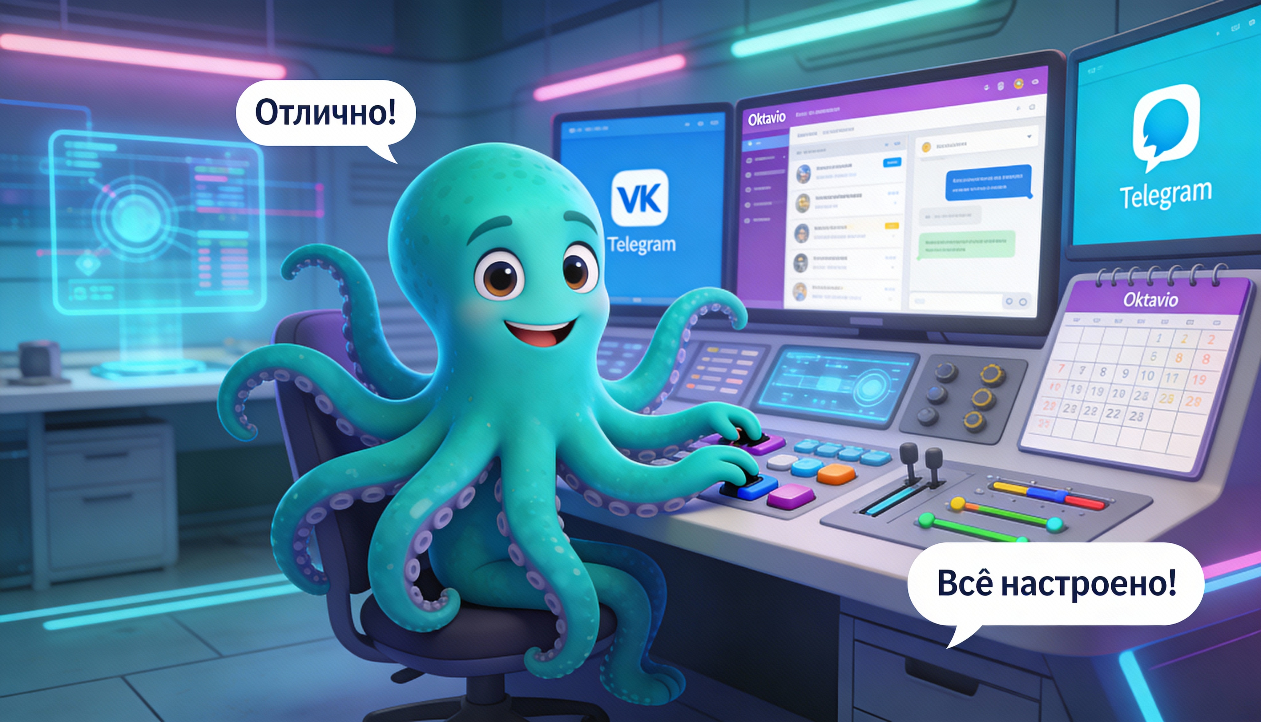 Иллюстрация: Октавио настраивает автопубликацию ВК → Telegram на панели управления