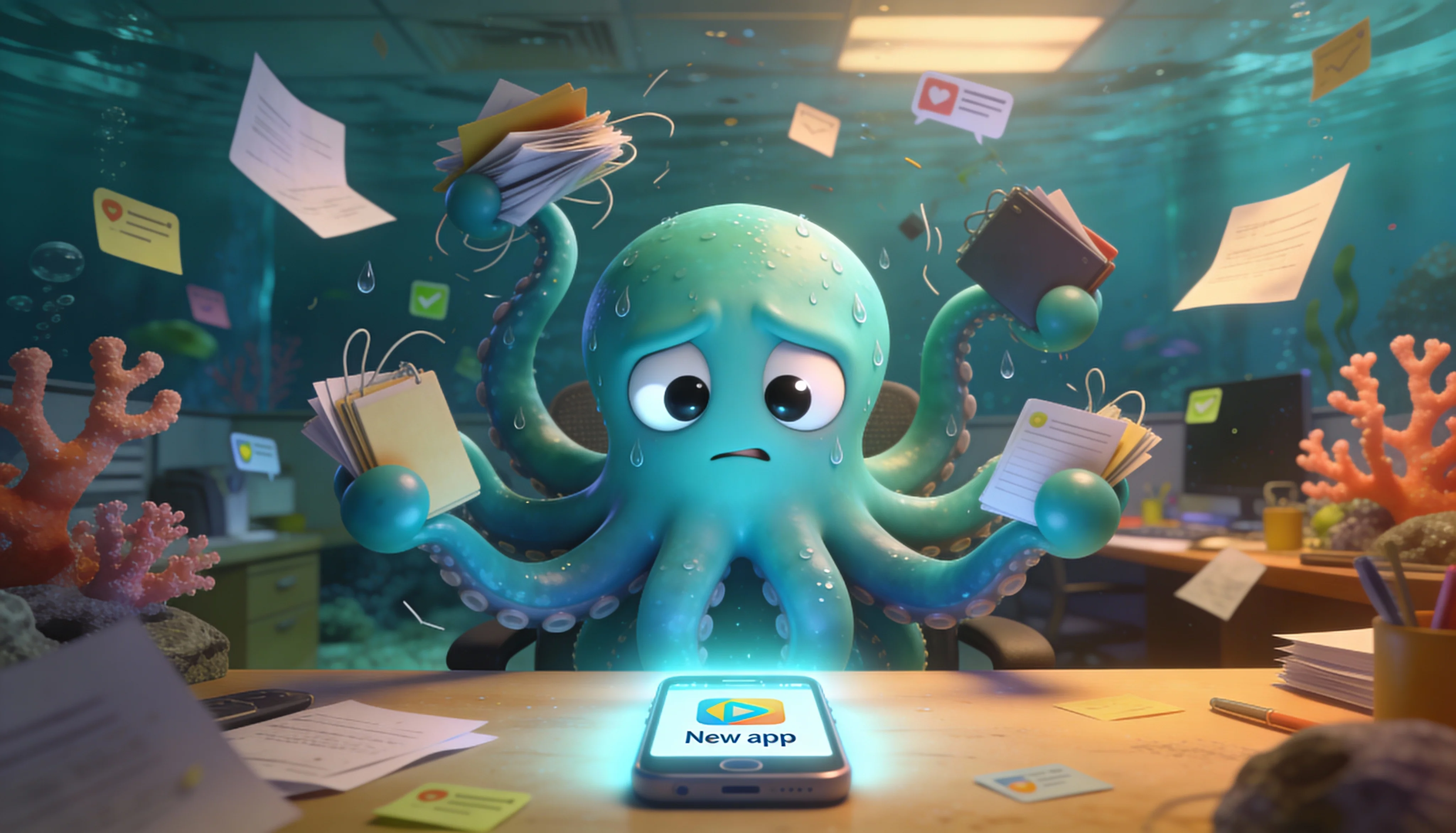 Осьминог изучает новый мессенджер MAX на смартфоне