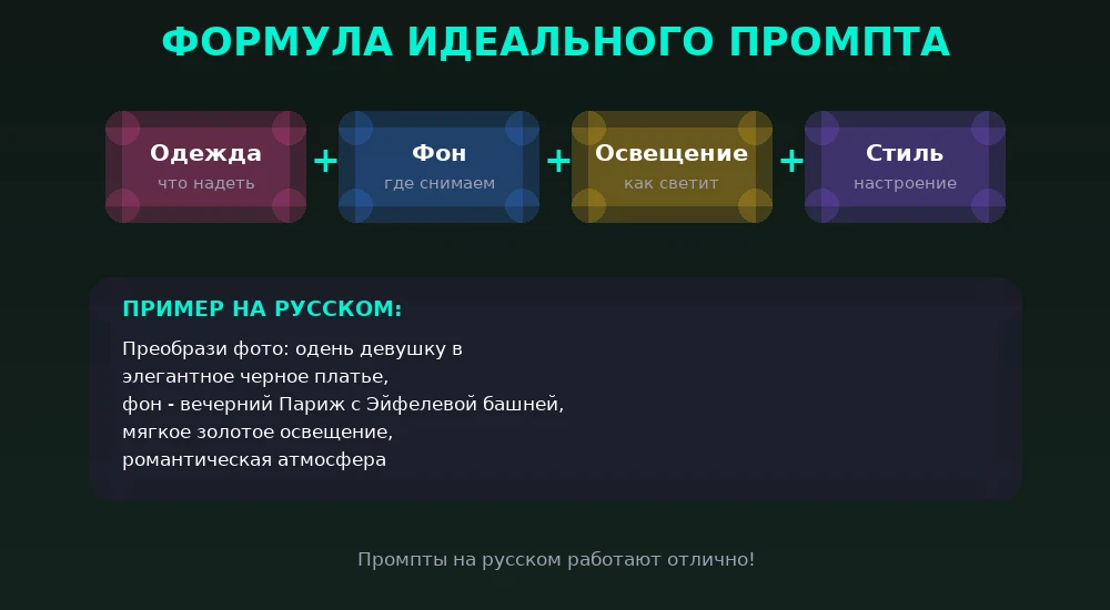 Формула промпта для нейрофотосессии: субъект + одежда + фон + освещение + стиль