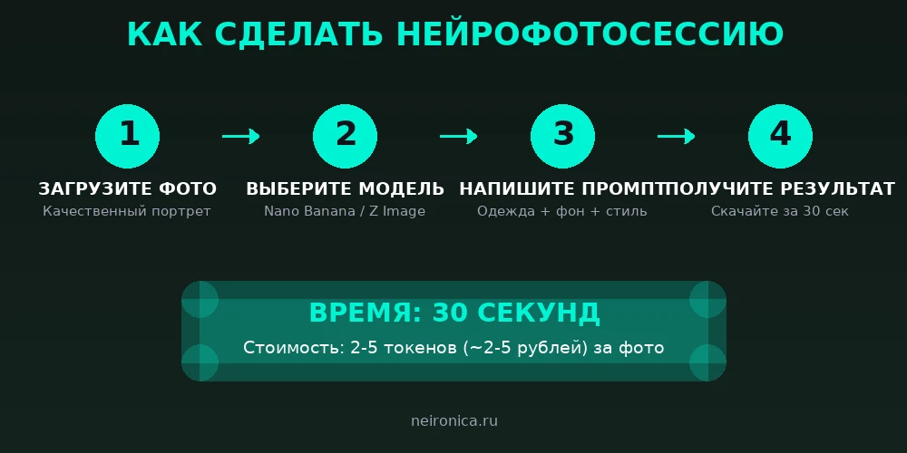 Процесс создания нейрофотосессии: загрузка фото, промпт, генерация, результат