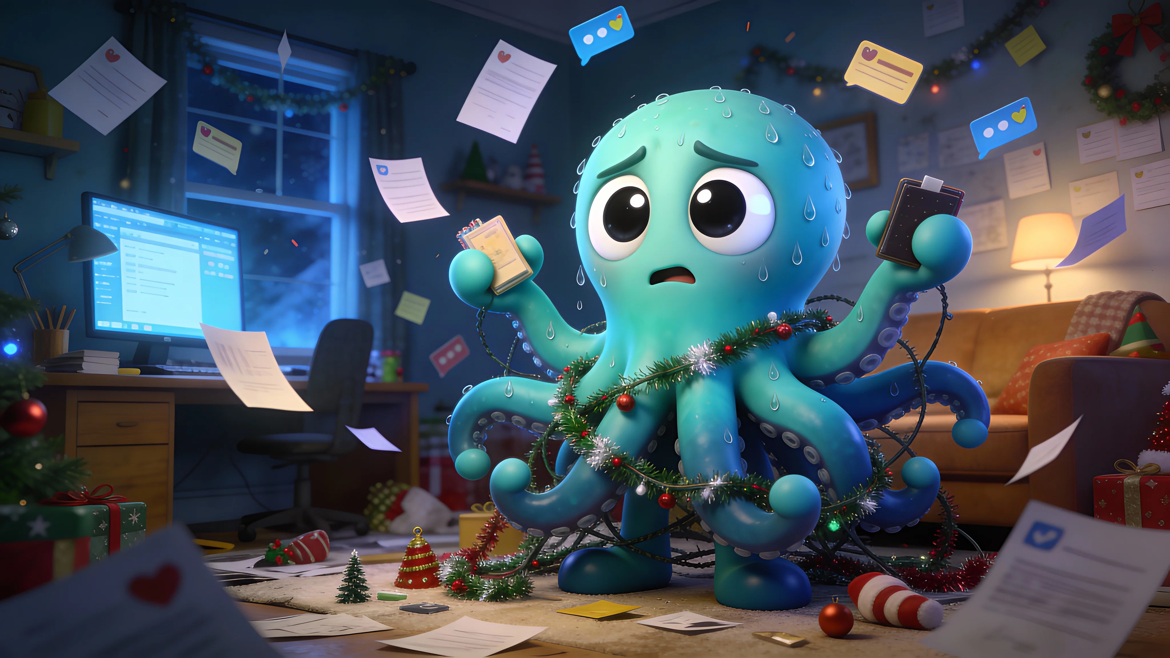 Иллюстрация: осьминог запутался в гирлянде и реквизите для съёмки