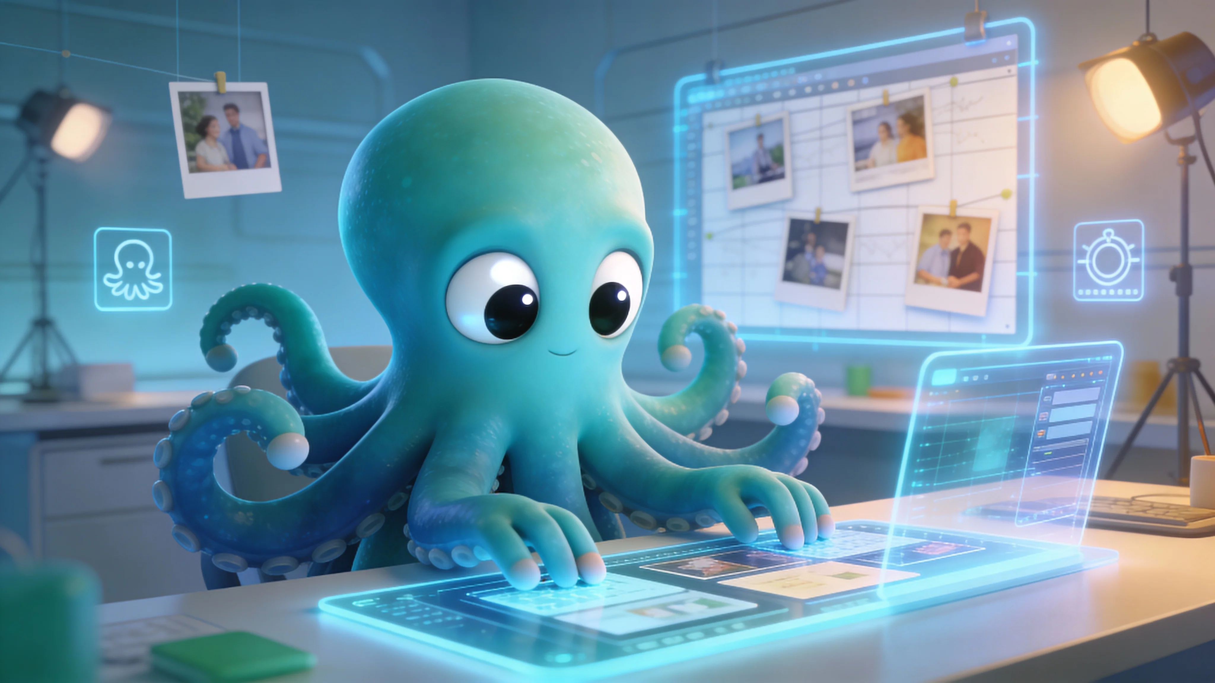 Иллюстрация: осьминог настраивает промпты и свет на футуристической панели