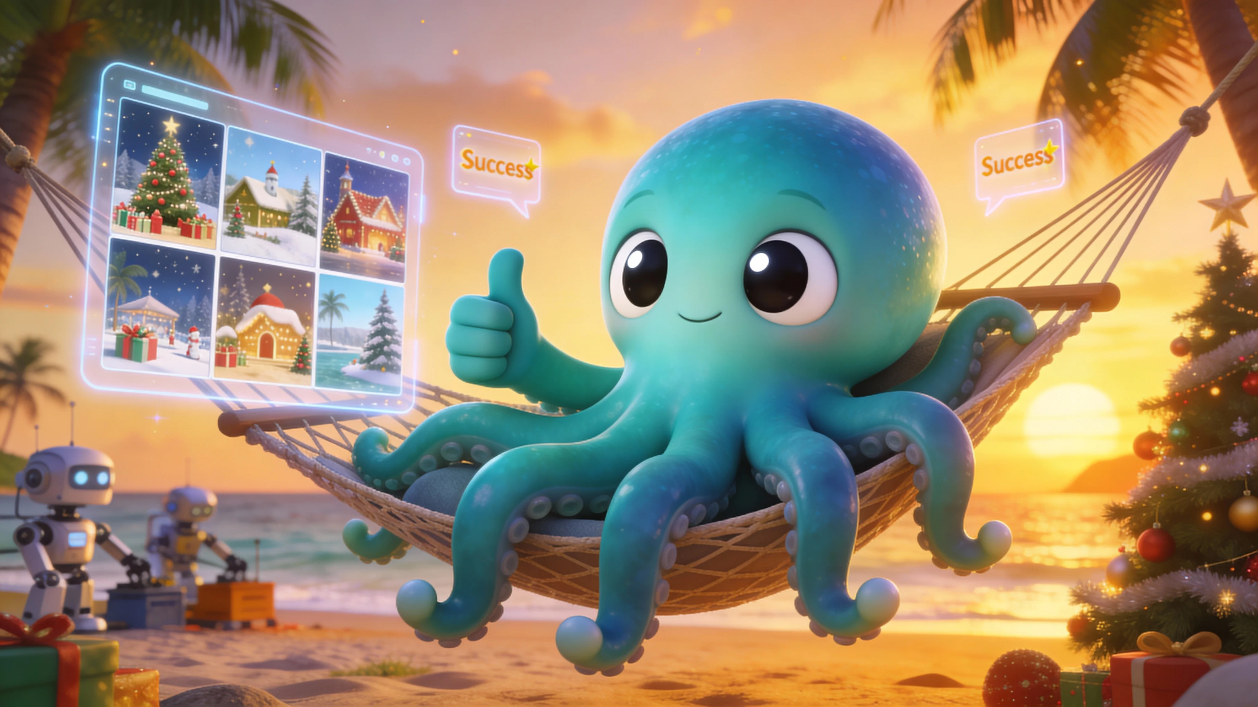 Иллюстрация: осьминог радуется успешной новогодней серии снимков