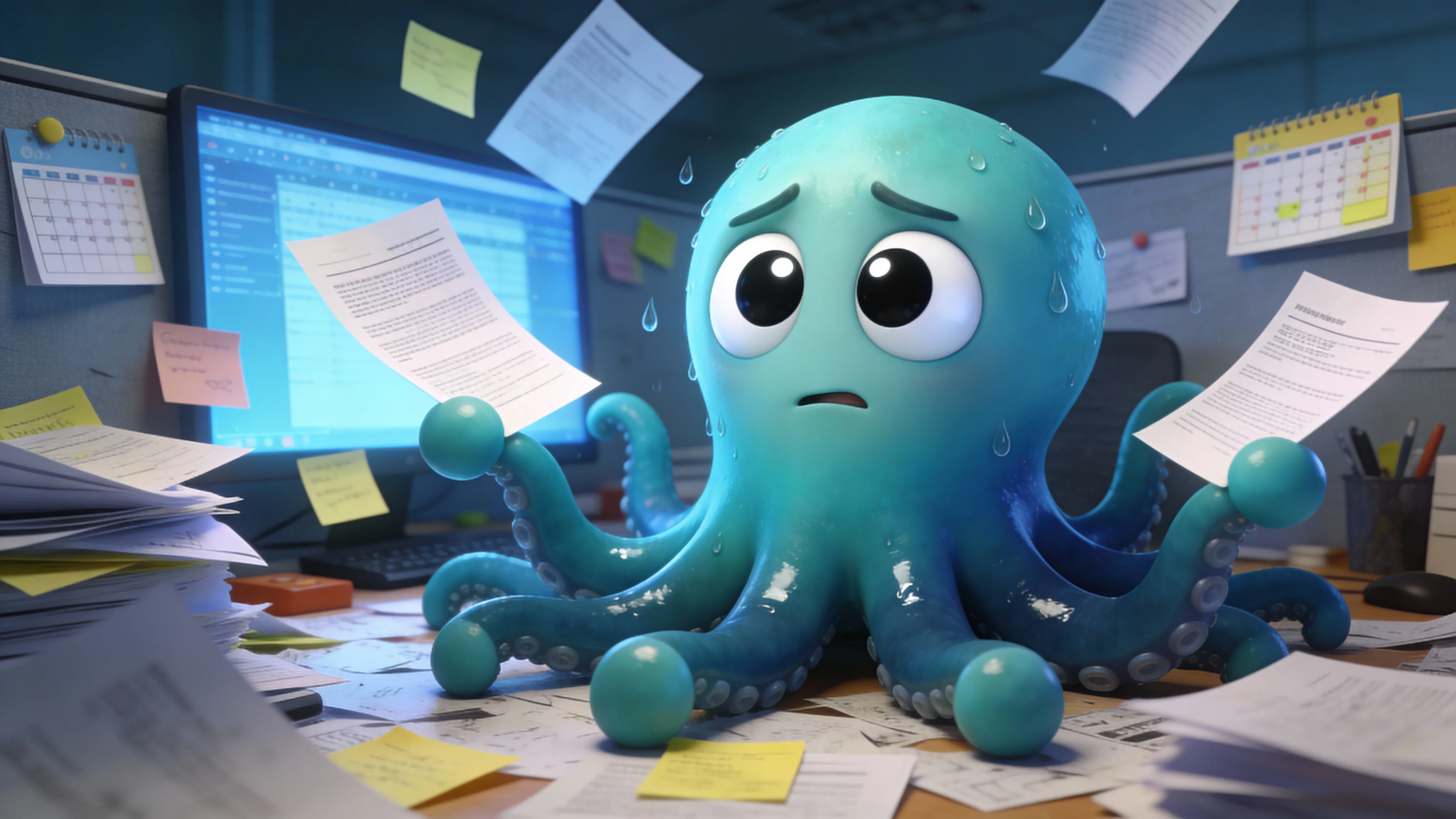 Иллюстрация: осьминог завален черновиками статей и задачами