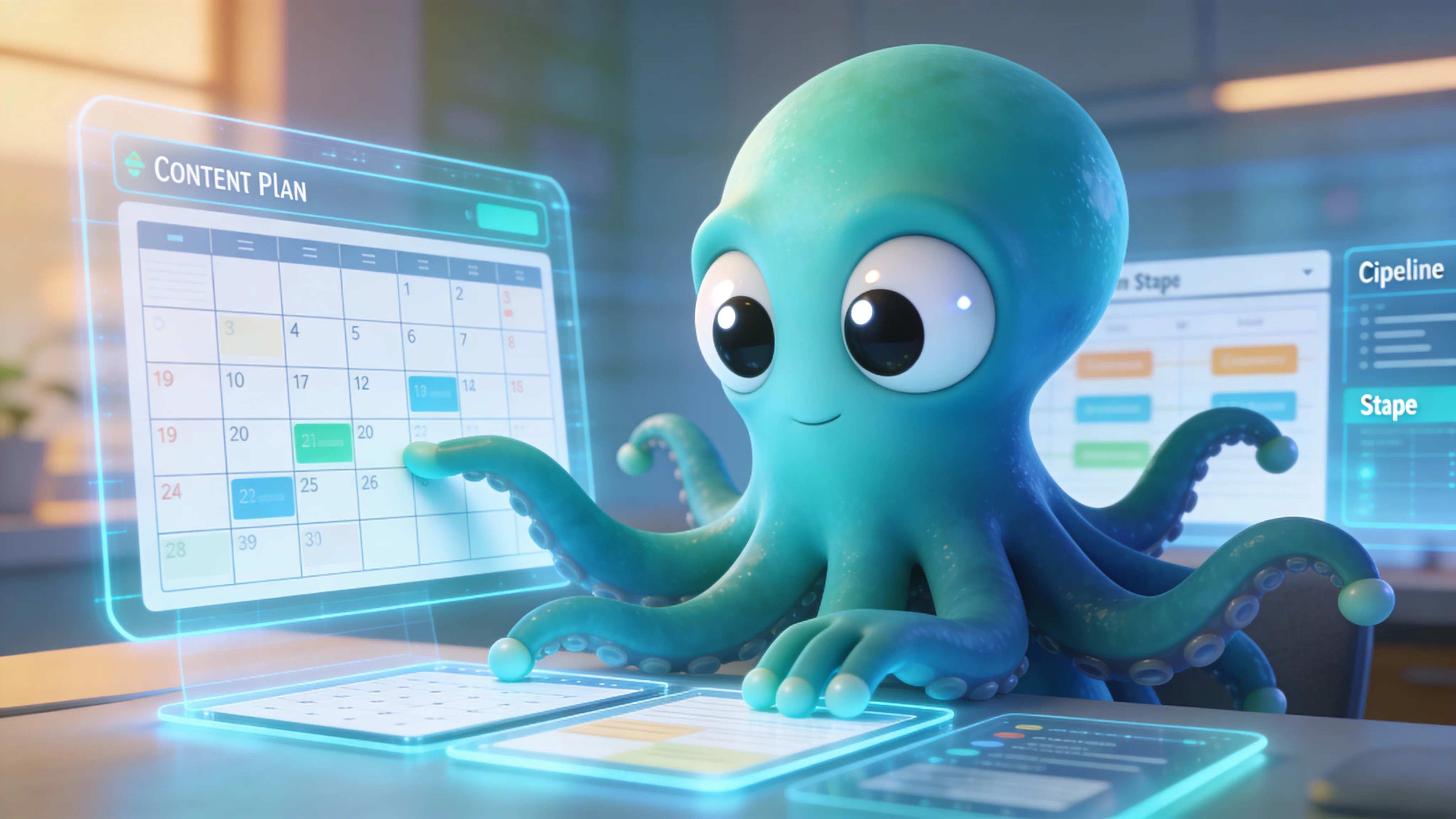 Иллюстрация: осьминог настраивает контент-завод на футуристической панели