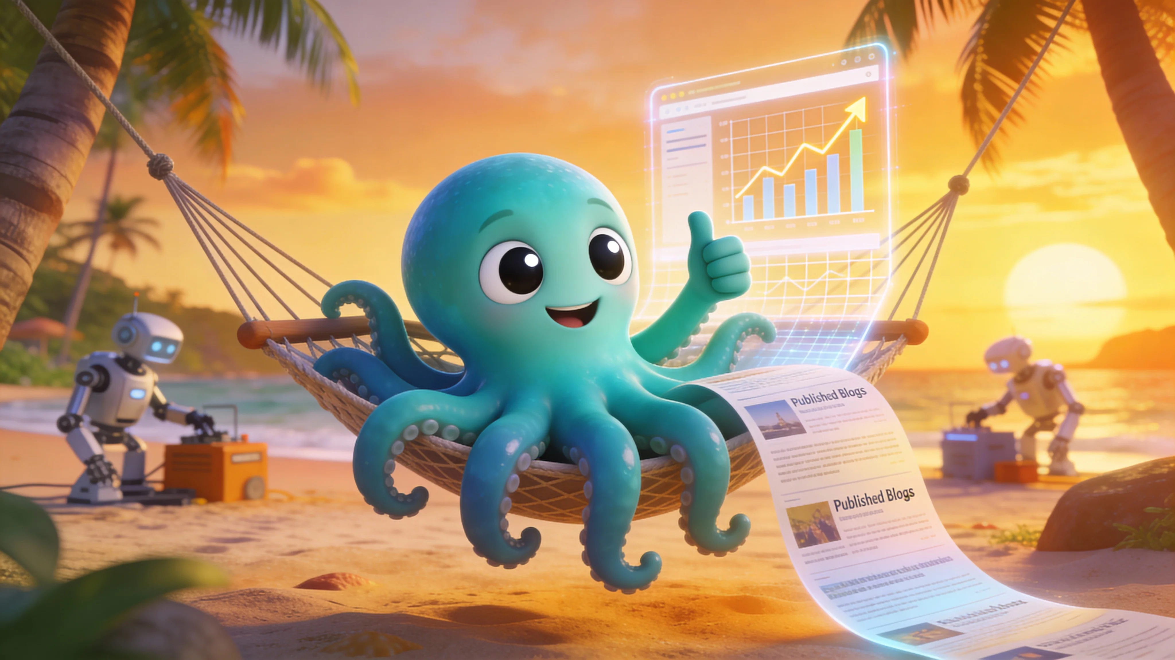 Иллюстрация: осьминог радуется росту трафика и работающему контент-заводу