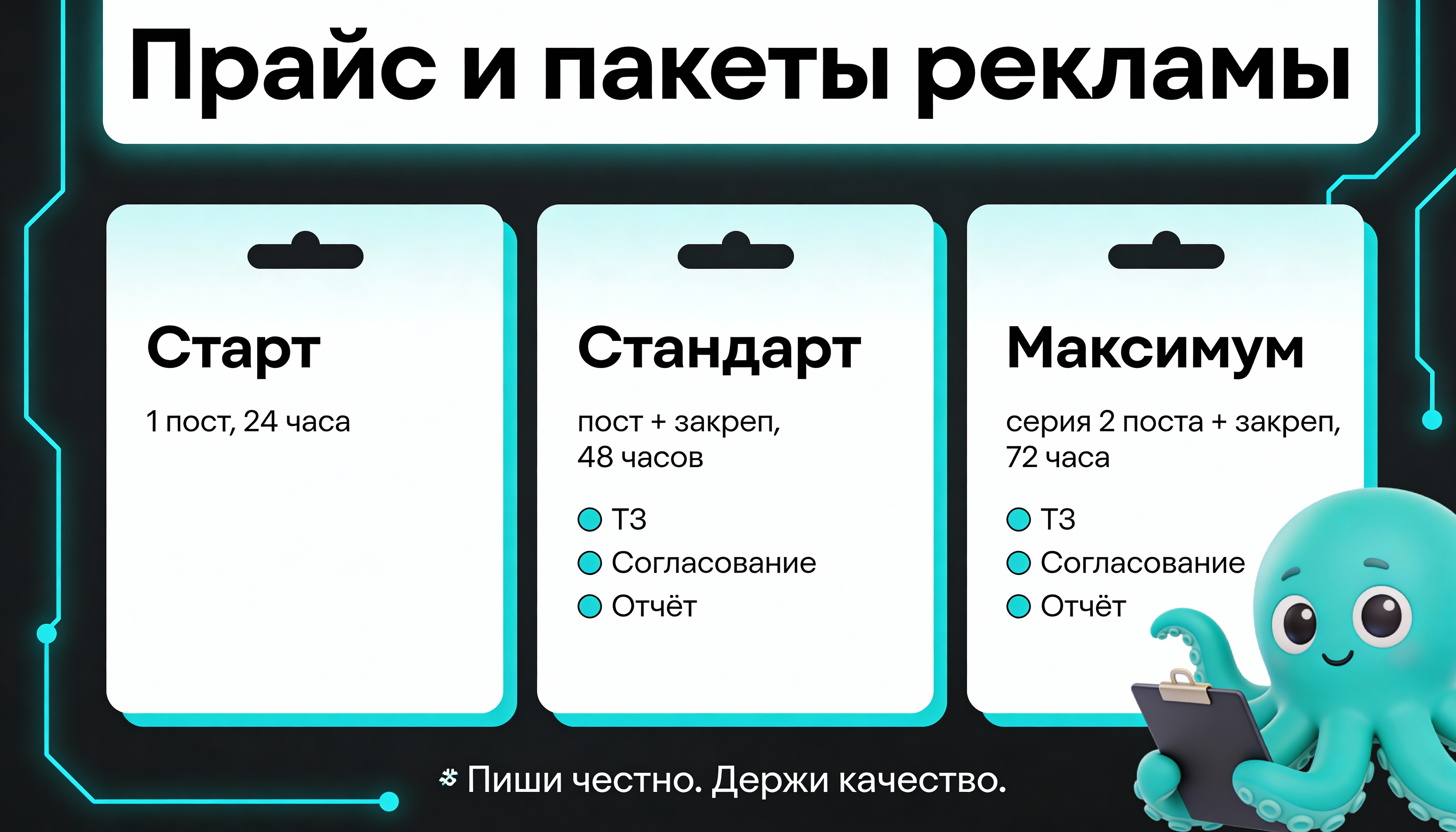 Инфографика: прайс и пакеты рекламы в Telegram — старт, стандарт, максимум