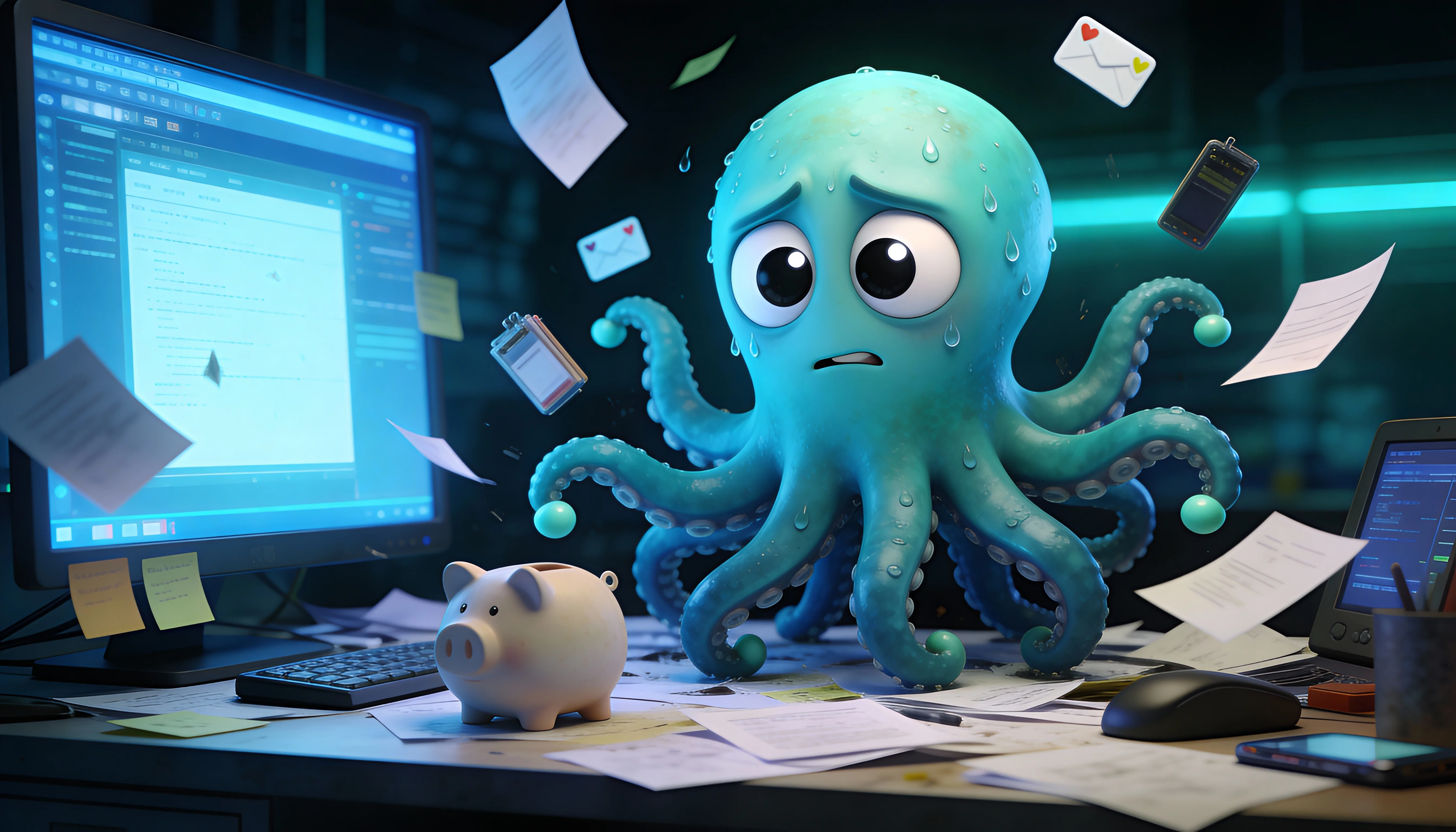 Иллюстрация: Октавио смотрит на пустую копилку и считает просмотры в Telegram