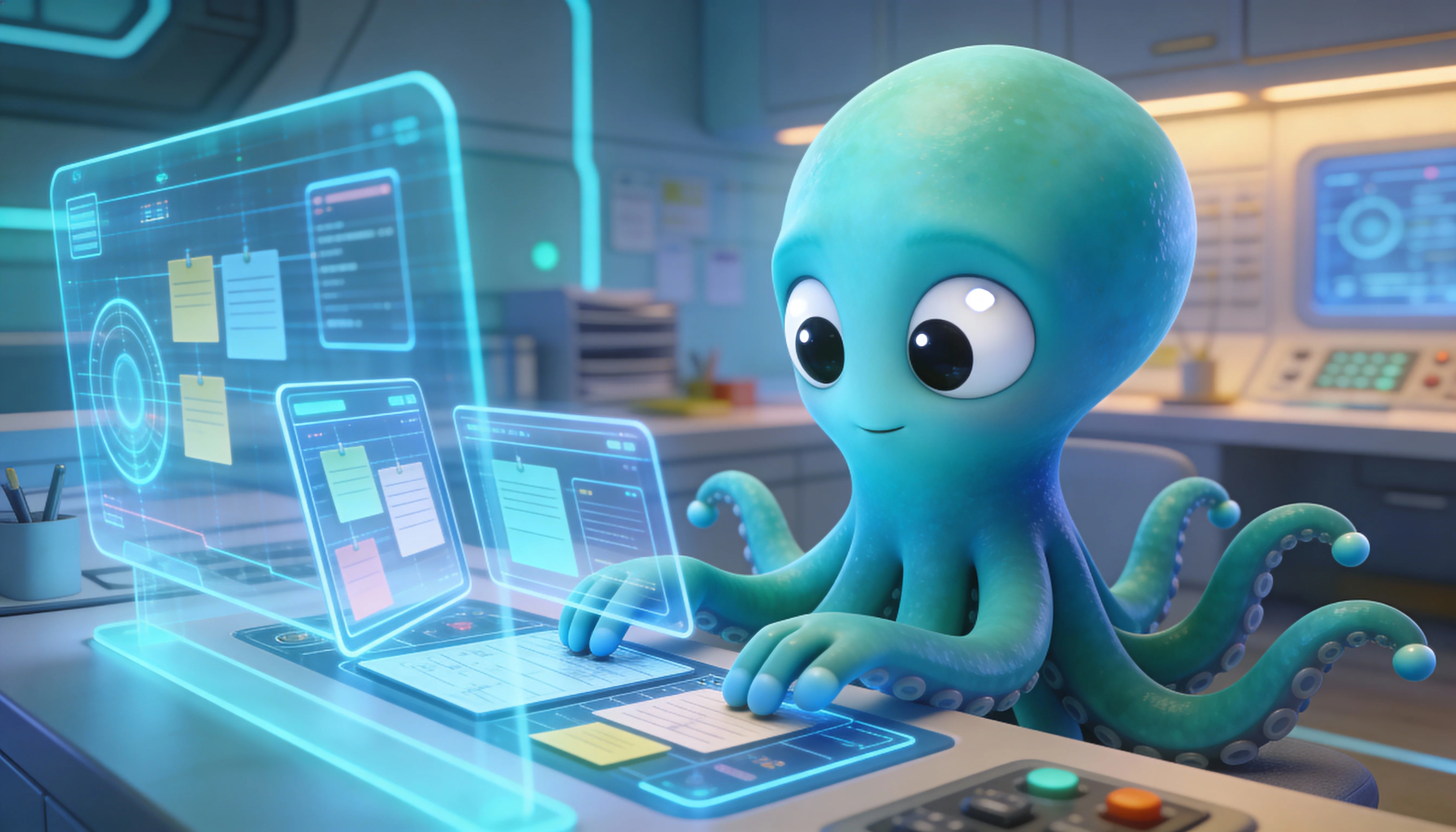 Иллюстрация: Октавио собирает медиакит и прайс-лист на голографической панели