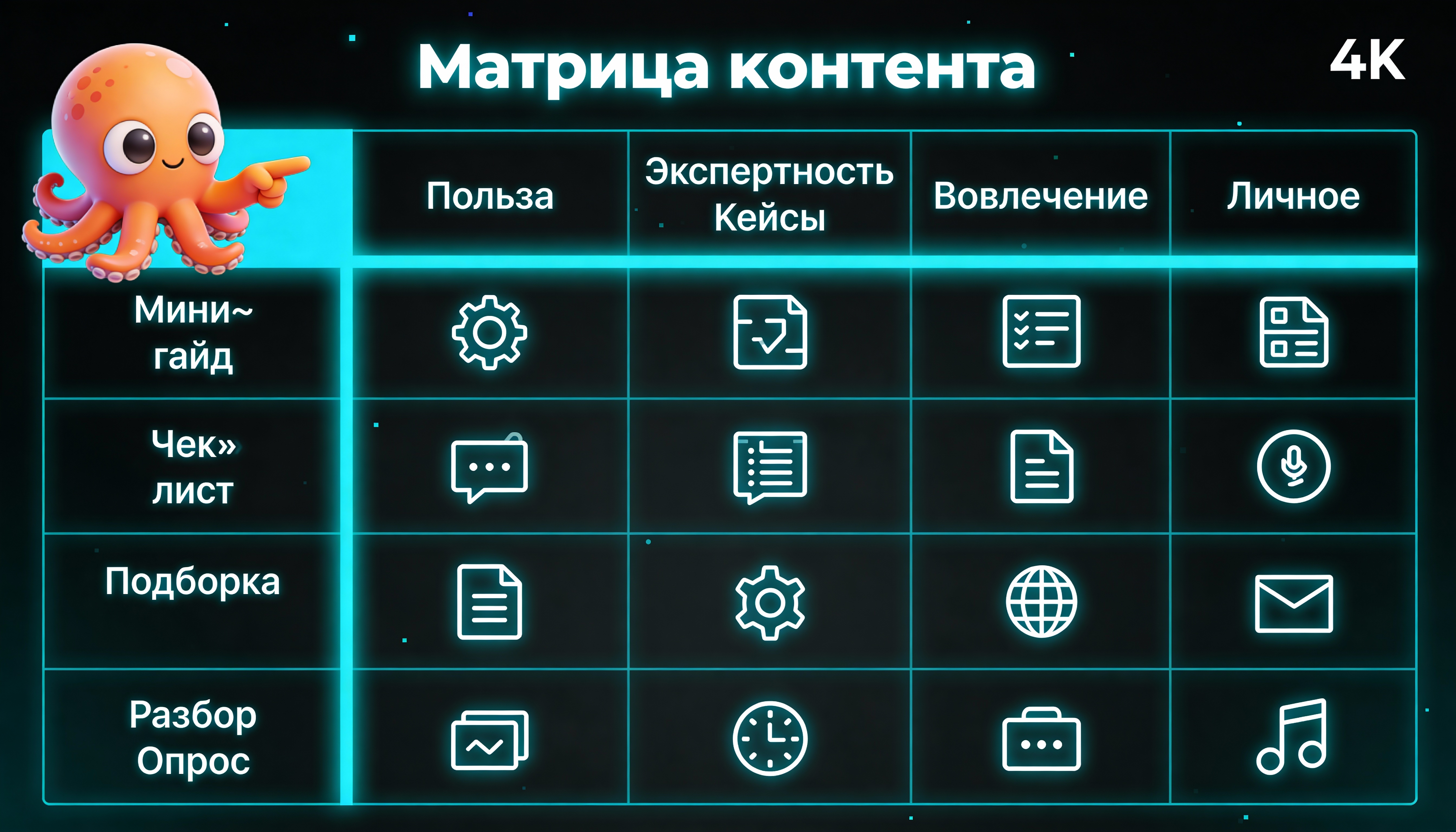 Инфографика: матрица контента Telegram — рубрики и форматы