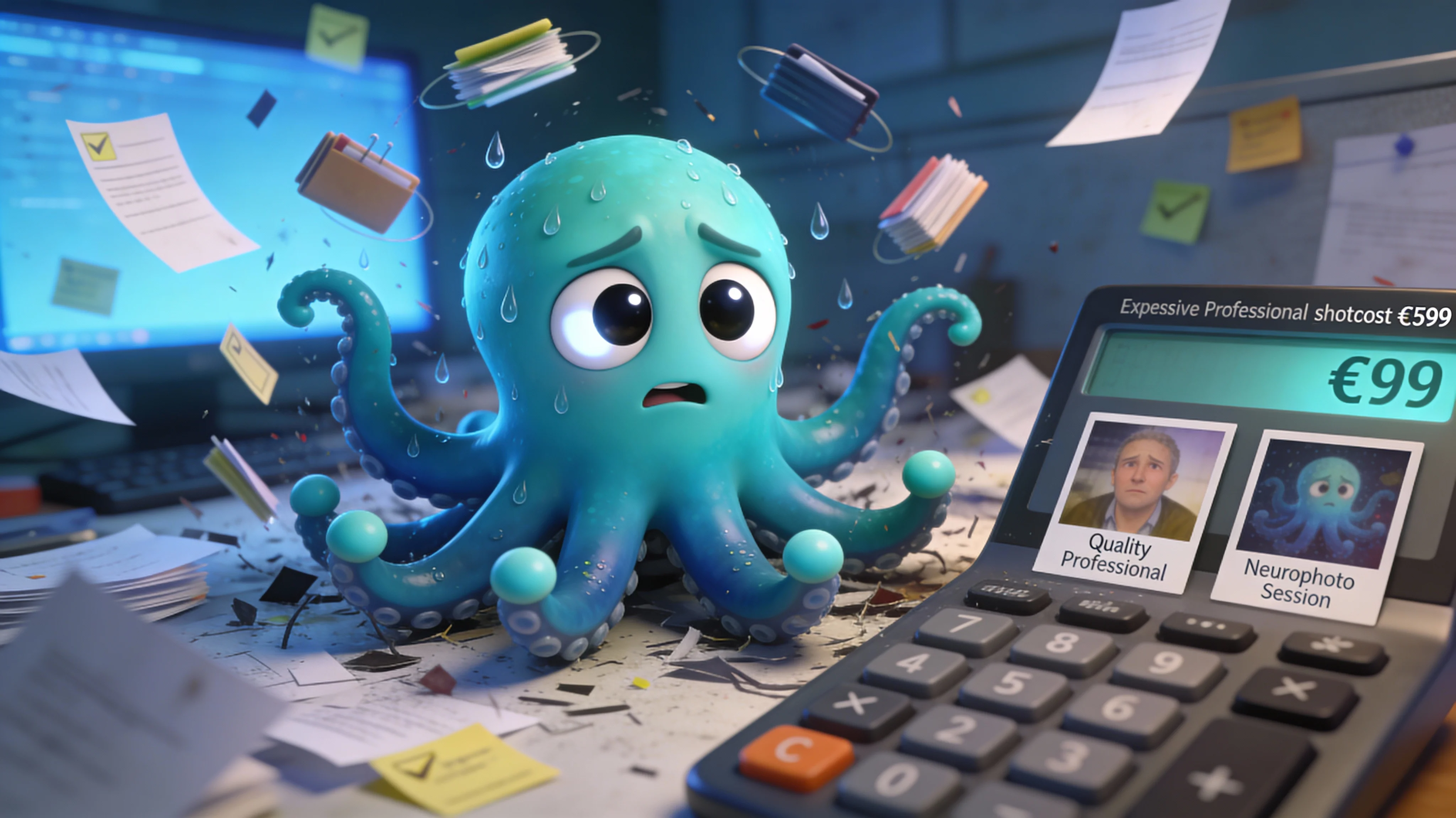 Иллюстрация: осьминог сравнивает дорогую фотосессию с нейрофотосессией