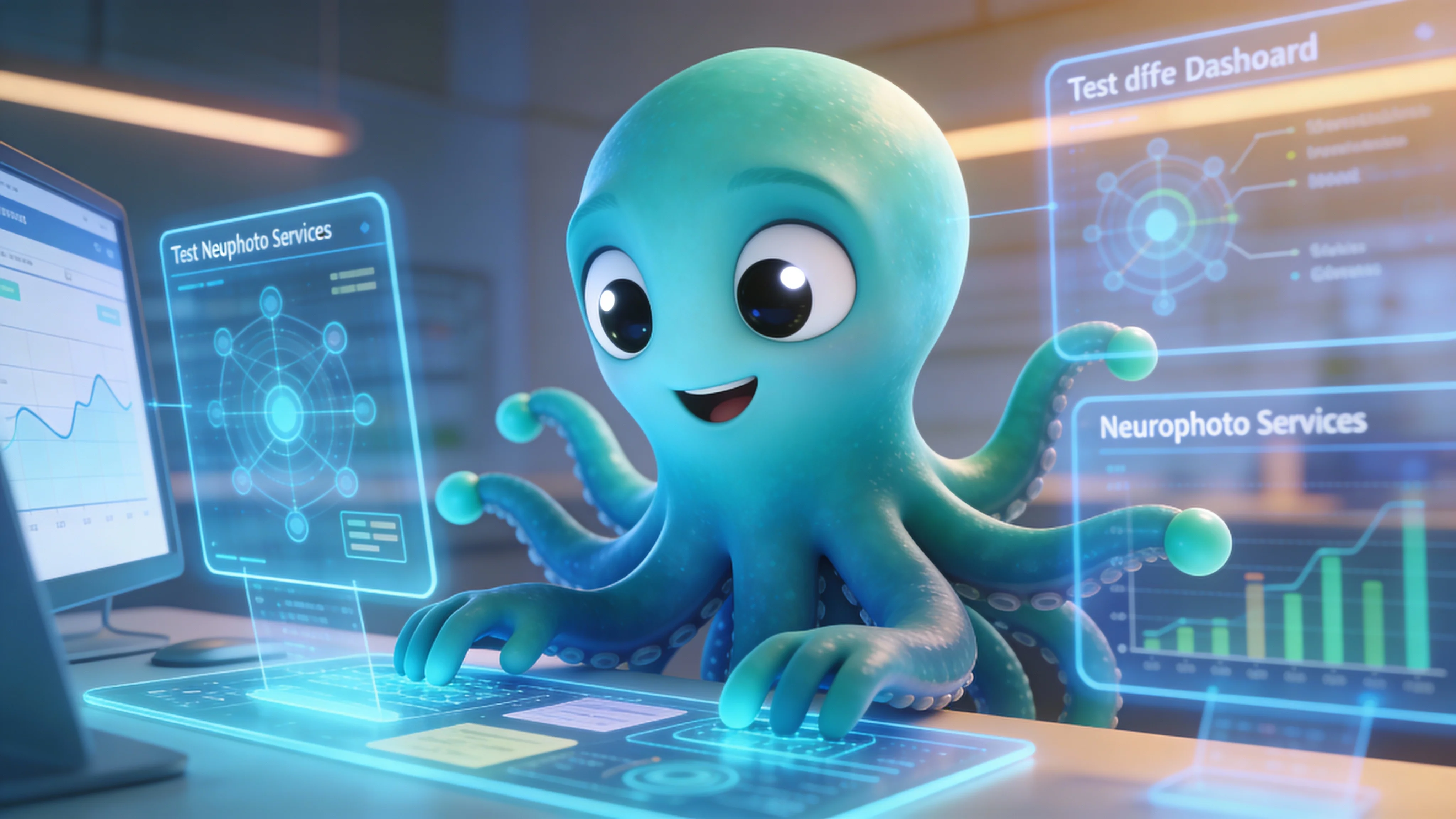 Иллюстрация: осьминог тестирует разные сервисы для нейрофотосессий