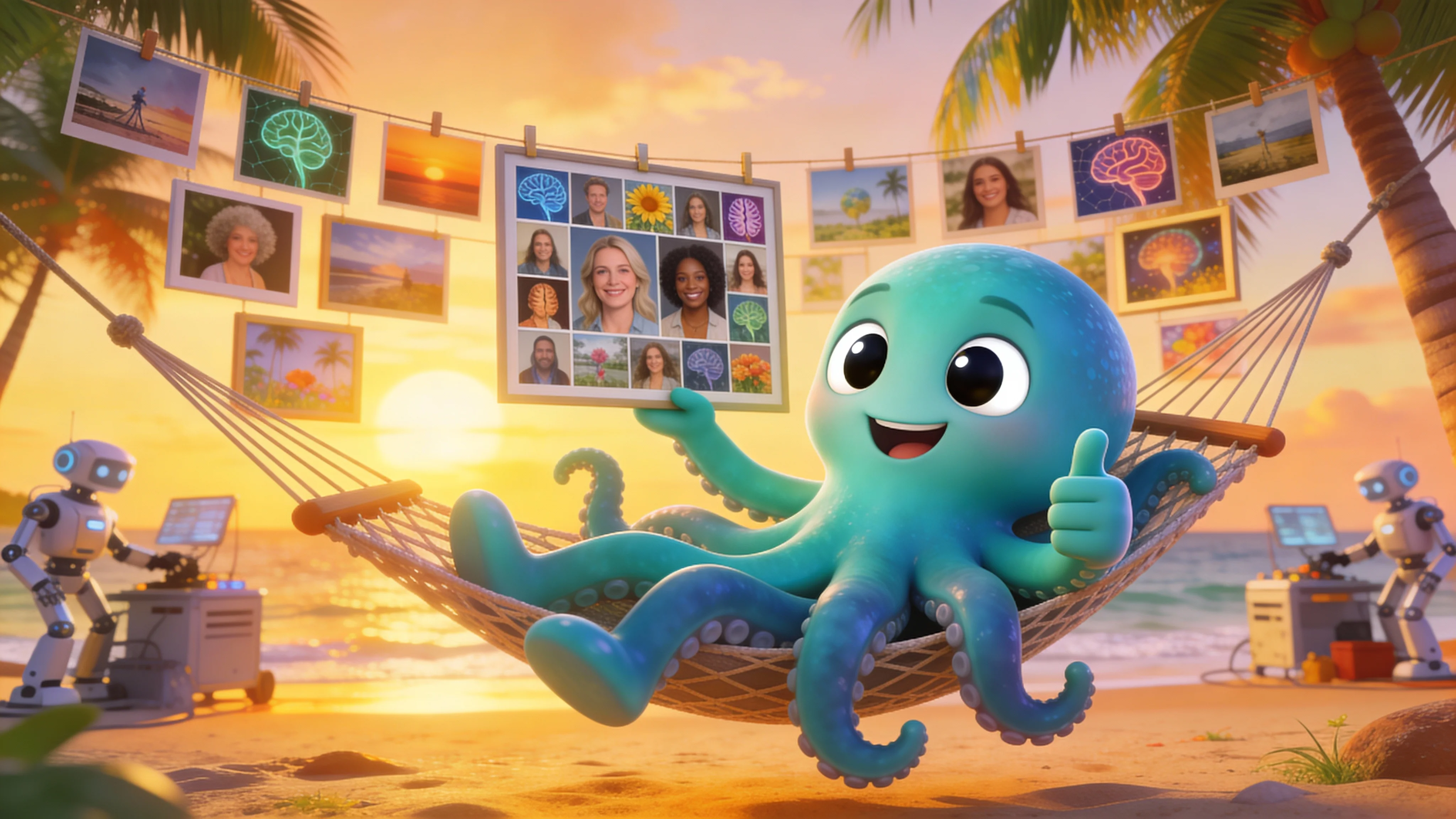 Иллюстрация: осьминог с гордостью демонстрирует свои нейрофотосессии