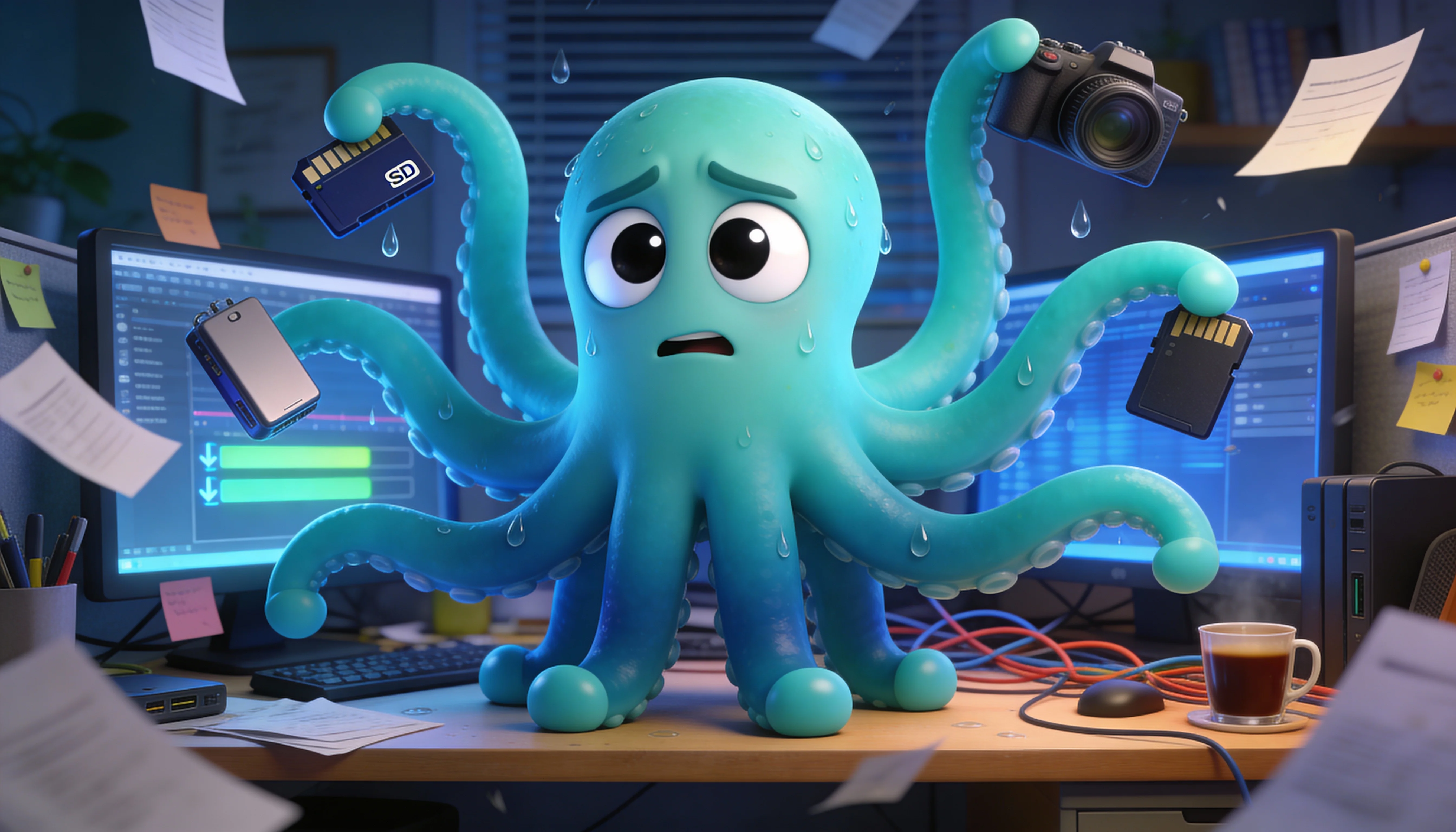 Иллюстрация: осьминог в хаосе ручных загрузок на YouTube