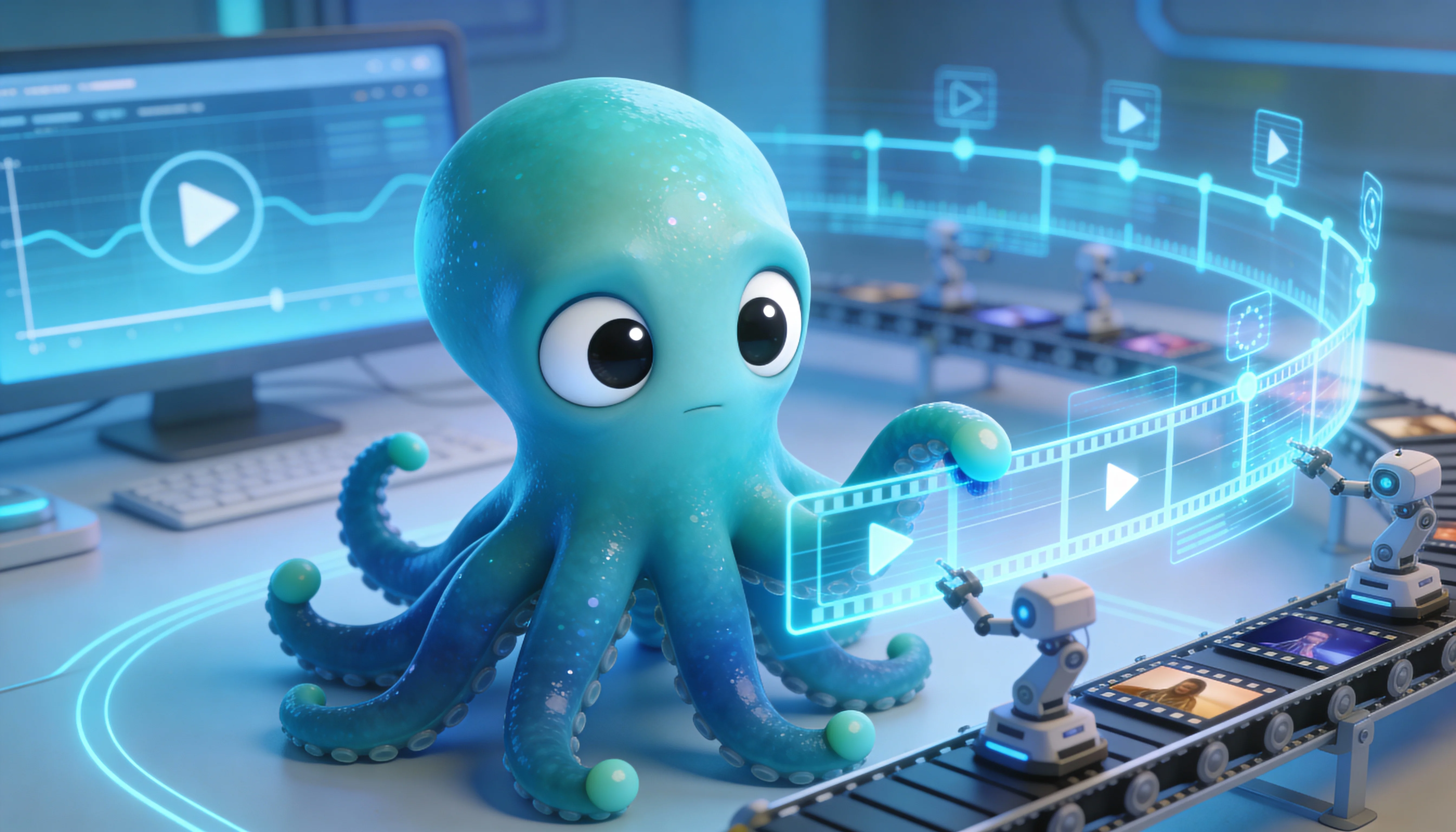 Иллюстрация: осьминог настраивает контент-план и автогенерацию видео